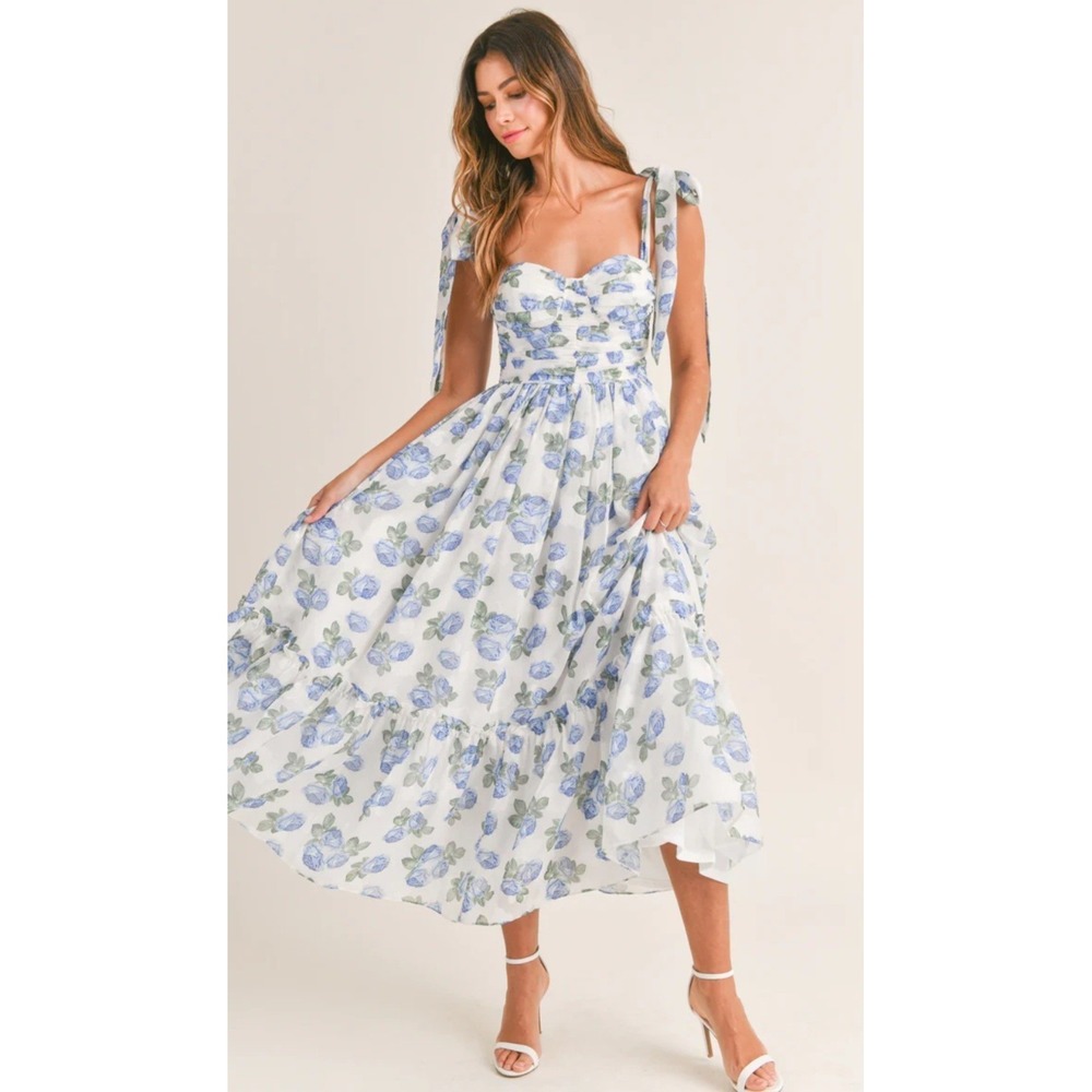 Mable‎ Anaya Ruched Women's Tiered Floral Dress White/Blue Size S
